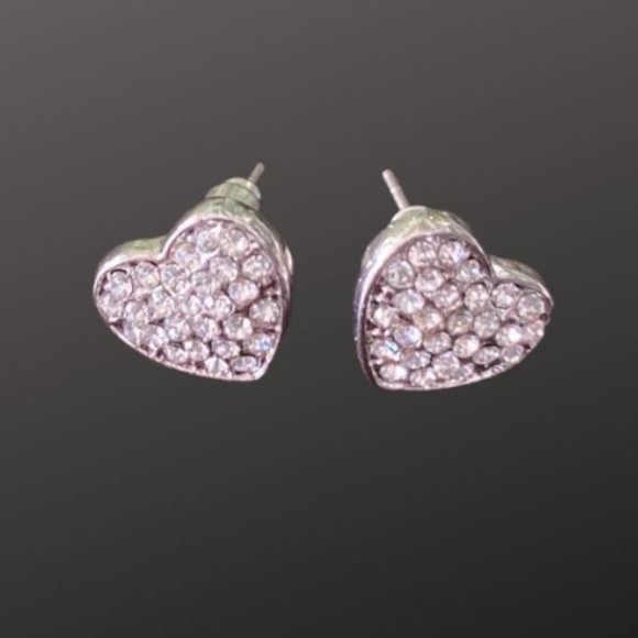 Silver Heart Pave Stud Earrings - Picture 2 of 6